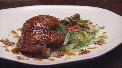 Twice Cooked Orange Glazed Chicken with Chilli and Cucumber Salad, Chicken Skin Salt