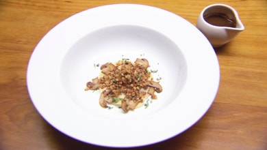Mushroom Ravioli with Hazelnut Crumb and Mushroom Veal Jus