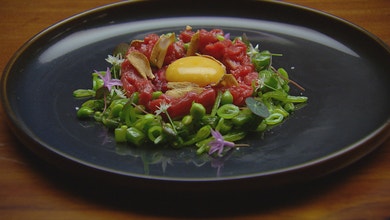 Steak Tartare with Beetroot Vinaigrette and Sugar Snap Peas