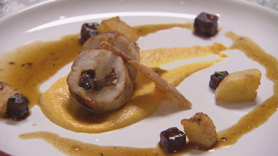 Chicken Roulade with Currants, Pinenuts and Pumpkin Puree