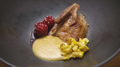 Roasted Quail with Miso Sweet Corn Puree and Blackberry Vinaigrette