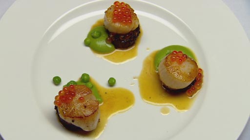 Seared Scallops, Black Pudding, Green Peas, Fish Jus