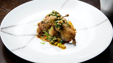 Quail with Corn and Chorizo Salsa with Pedro Ximenez Glaze