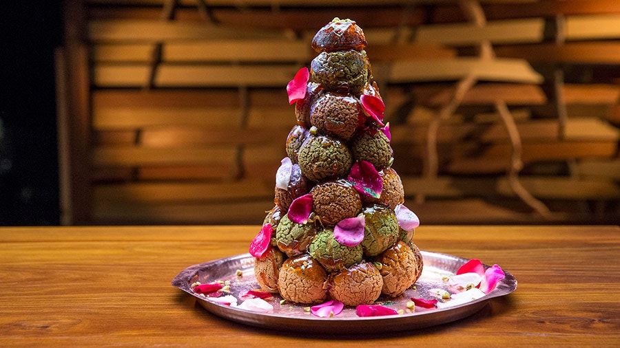 Pistachio and Coffee, Cardamom and Chocolate Croquembouche