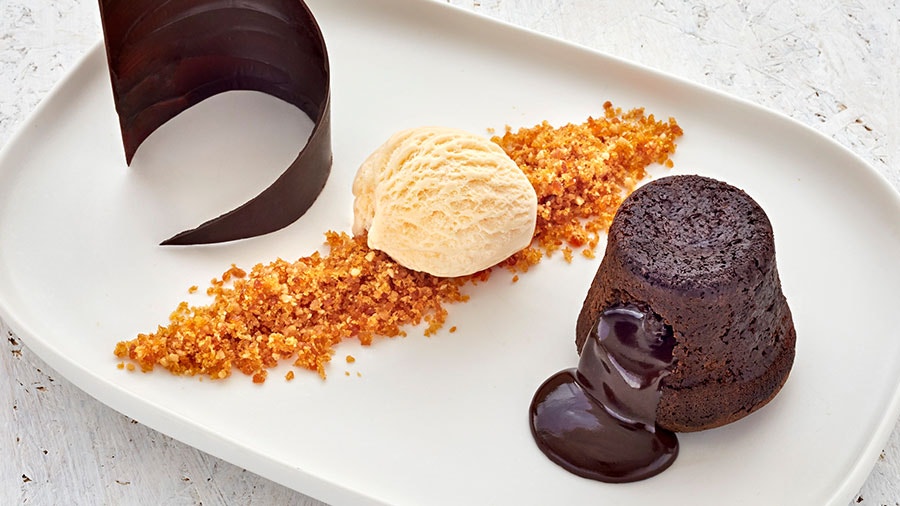 Chocolate Fondant Puddings with Macadamia Ice Cream and Macadamia Praline