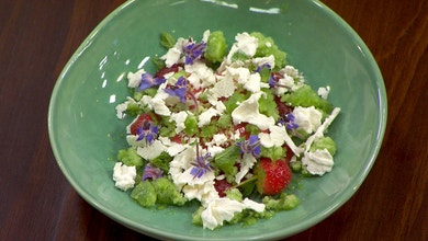Strawberry Sorbet with Cucumber Granita and Lime Coconut Jelly