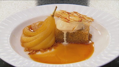 Coffee Cake with Vincotto Poached Pear Salted Almond Crumble and Kahlua Mascarpone Ice Cream