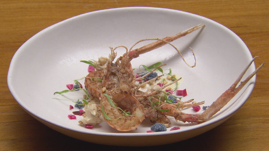 Scampi with Anchovy Butter, Roasted Garlic Cream and Pickled Cabbage