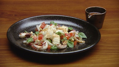 Cuttlefish with Tomato, Basil, Pesto Salad and Spicy Raisin Sauce
