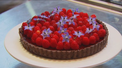 Dark Chocolate Raspberry Tart with Cherry Port Jelly