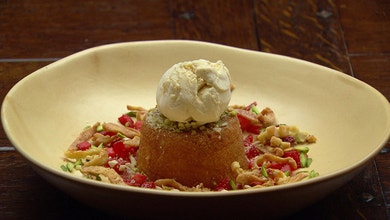 Pistachio Cake with Saffron and Vanilla Ice-Cream