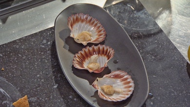 Empanadilla Scallops with Morcilla Croquette Spicy Mussels