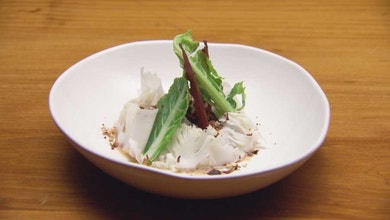 Cauliflower Miso Cream, Pickled Cauliflower Stem, in Spec and Oyster Mushrooms