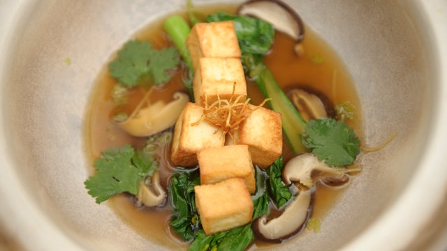 Fried Tofu with Mushroom and Ginger Broth
