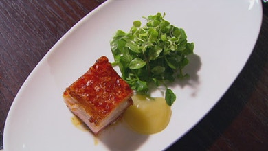 Roast Pork Belly with Apple Puree and Cider Vinegar Vinaigrette