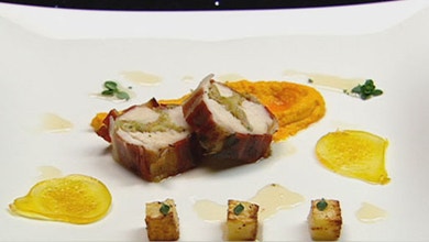 Loin of Rabbit Stuffed with Sicilian Olives, Leek Wrapped in Pancetta with Carrot Puree and Mustard Fruit Syrup