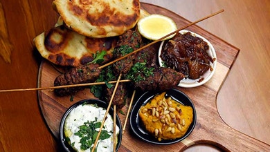 Lamb Koftas with Onion Jam, Hommus and Coriander Yoghurt