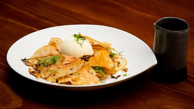 Goat's Cheese Semifreddo with Brik Pastry and Caramelised Pears