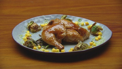 Tamarind Glazed Spatchcock with Pickled Mango and Fried Brussel Sprouts