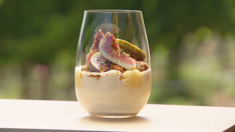 Goat's Cheese Mousse with Walnut Brittle, Lemon Curd with a Lemon, Thyme and Honey Syrup