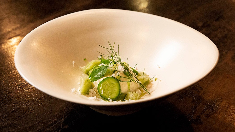 Lime and Ginger Mousse with Cucumber and Thai Basil Granita