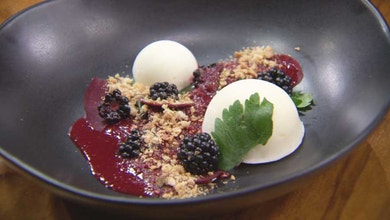 Smoked Frozen Yoghurt with Blackberry, Beetroot and Red Wine Sauce