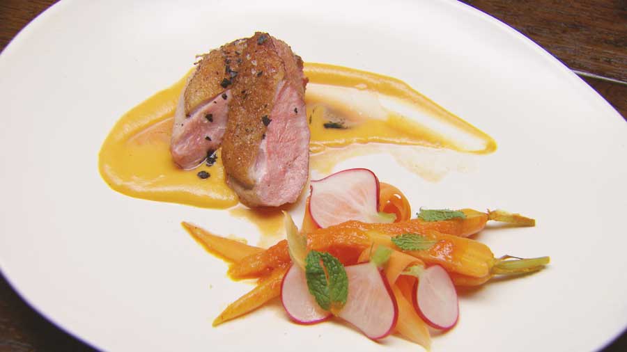 Duck Breast with Pumpkin Puree, Orange Carrots