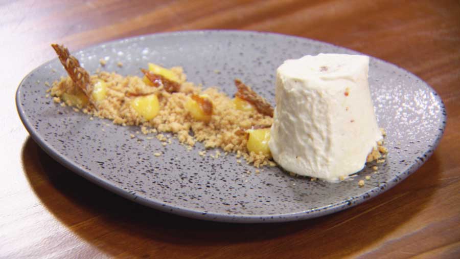 Date Frozen Nougat with Lemon Curd, Cumin Crumb and Cumin Praline