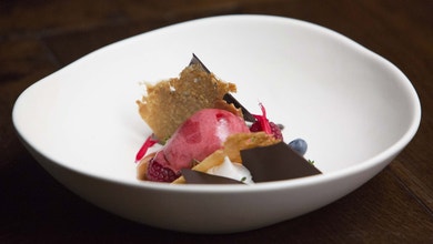 Blackberry Sorbet with Salted Almond Tuile and Nougat