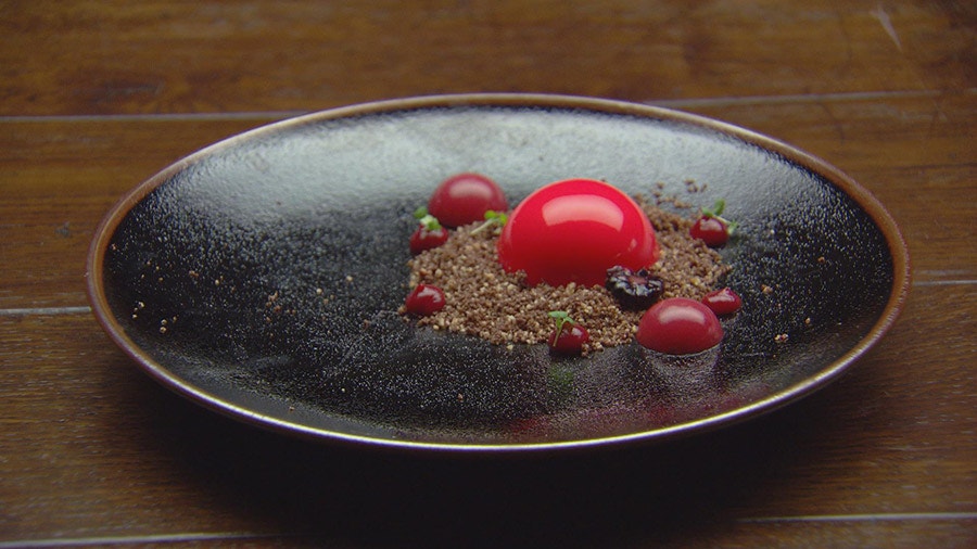 White Chocolate Mousse with Raspberry Gel and Crumb