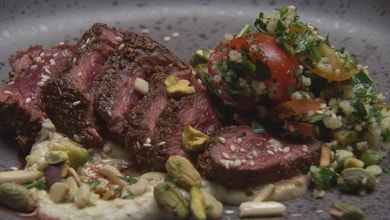 Spiced Kangaroo Fillet with Babaganoush and Tabouli