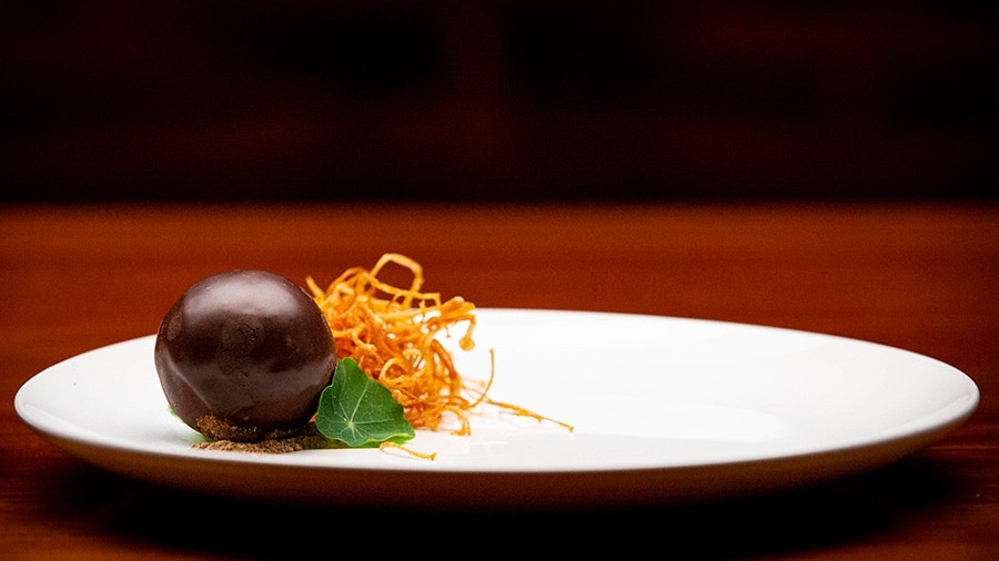 Caramel Porcini Mousse Balls with Fried Enoki