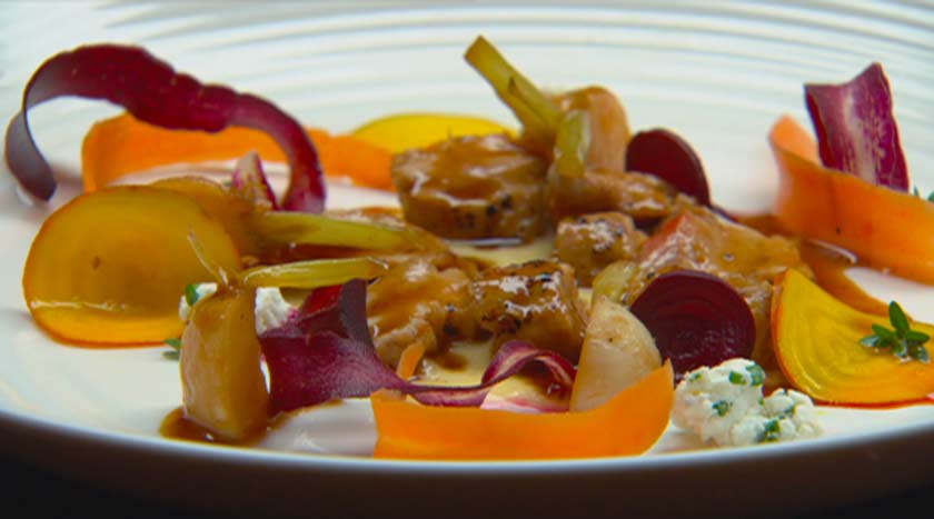 Seared Rabbit with Turnip Puree and Pickled Vegetables