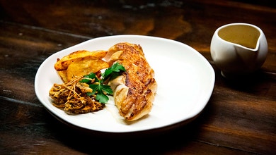Roast Chicken and Chips with Crispy Mushroom Medley