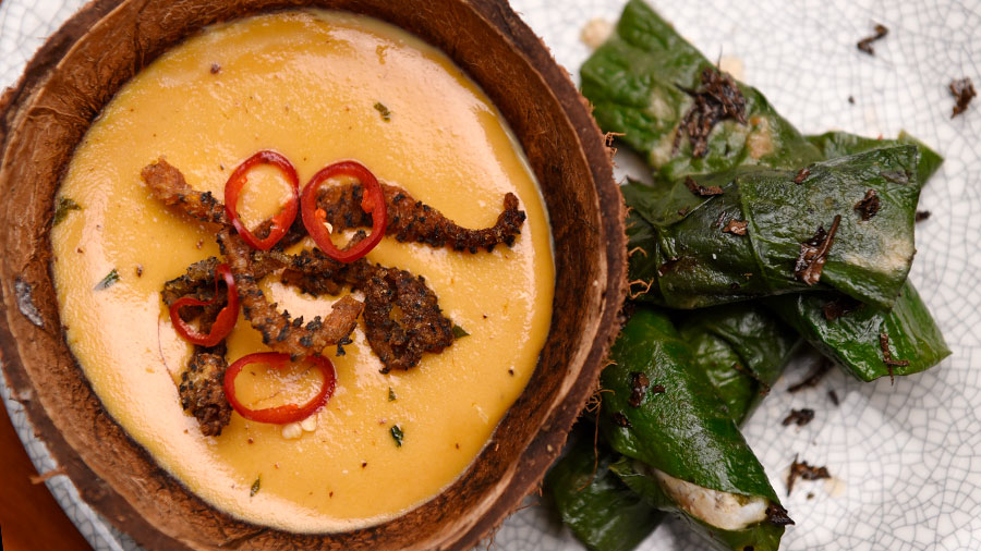 Tamarind Steamed Fish in Betel Leaves with Savoury Custard