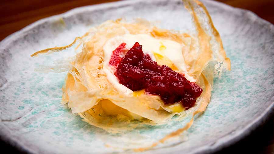 Quandong Stack with Brik Pastry and Lemon Aspen Curd