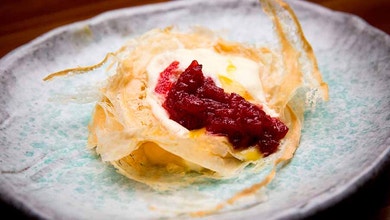 Quandong Stack with Brik Pastry and Lemon Aspen Curd