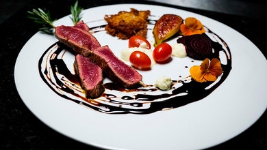 Rosemary Skewered Lamb Back Strap with Roasted Beetroot, Tomato, Figs, Feta and Merlot Reduction
