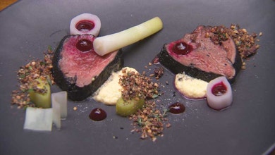 Beef with Smoked Leeks, Beetroot Gel and Black Pudding Crumb