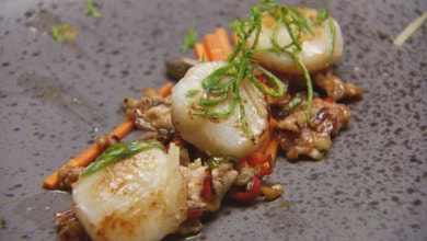 Pan Seared Scallops with Pork Larb and Thai Dressing