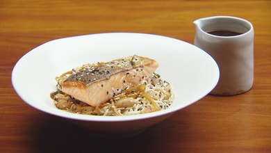 Crispy Skin Salmon with Soba Noodles and Japanese Broth