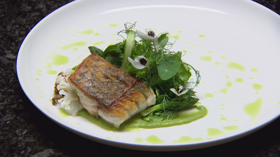 Barramundi with Butter Poached Scampi, Peas and Cauliflower