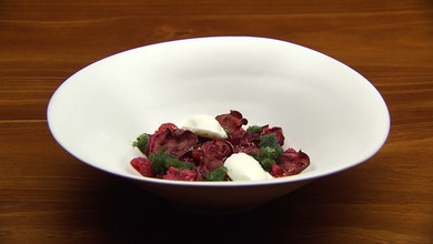 Chocolate Ganache with Basil Granita and Elderflower and Yoghurt Sorbet