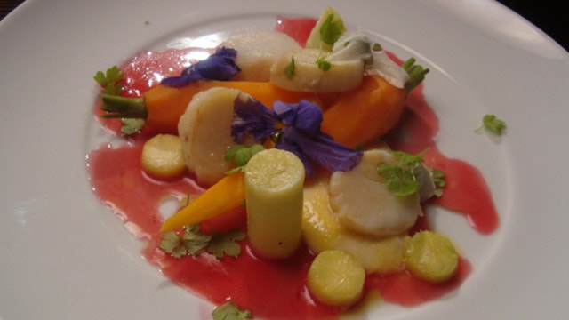 Scallops with Garlic Custard, Seaweed Broth and a Lemon and Blood Orange Jelly