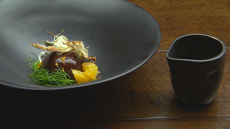 Chocolate Mousse with Burnt Orange Cream and Fennel