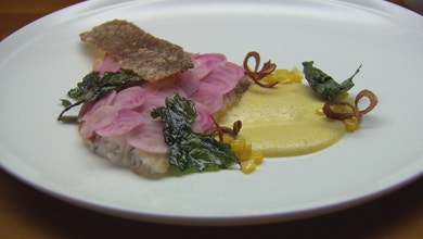 Pan Fried Barramundi with Pickled Beetroot Scales, Corn Purée and Burnt Miso Sauce