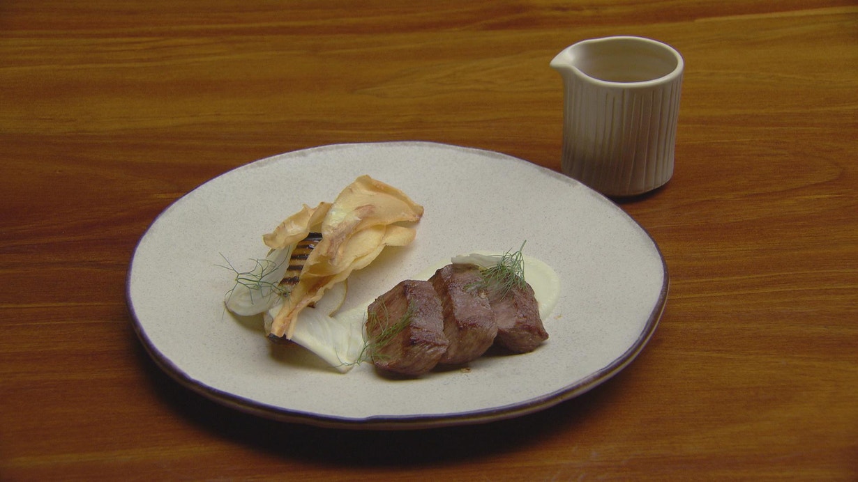 Lamb with Fennel Puree, Parsnip Chips and Jus