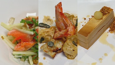 Smoked Trout , Spiced Pumpkin Tortellini with Stuffed Prawns, Ice Cream Sandwich