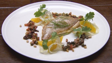 Pan Fried Snapper with Anchovy, Tomato and Caper Vinaigrette with Fennel, Orange Salad