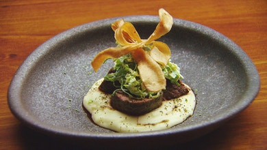 Lamb Loin, Parsnip and Leek Puree, Brussels Sprouts Slaw
